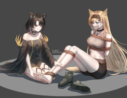 Rule 34 | 2girls, animal ears, arknights, arms behind back, artist request, bare legs, bare shoulders, barefoot, bdsm, black choker, black footwear, black hair, black hairband, black shorts, blonde hair, blue eyes, blush, bondage, bound, bound legs, breasts, cat ears, chinese commentary, choker, commentary request, commission, crop top, dress, gag, gagged, grey background, grey shirt, hair ornament, hairband, hairclip, highres, horn (arknights), improvised gag, jewelry, large breasts, long hair, looking at another, mandragora (arknights), midriff, multiple girls, navel, necklace, off-shoulder dress, off shoulder, second-party source, seiza, shirt, shoes, short hair, short shorts, shorts, simple background, sitting, sleeveless, sleeveless shirt, smile, stomach, tape, tape gag, thighs, tickling, tickling feet, unworn shoes, v-shaped eyebrows, wolf ears, yellow eyes