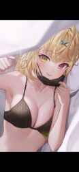 Rule 34 | 1girl, bed sheet, black bra, blush, bra, breasts, cleavage, collarbone, commentary, hair ornament, heterochromia, highres, hoshikawa sara, lifting covers, looking at viewer, lying, mask, mask pull, medium breasts, mouth mask, nijisanji, on side, print bra, pulling own clothes, sanada keisui, tongue, tongue out, underwear, underwear only, upper body, virtual youtuber, x hair ornament
