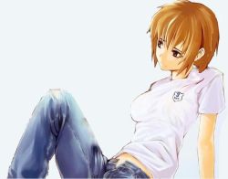 Rule 34 | 1girl, artist request, character request, copyright request, denim, female focus, jeans, orange hair, pants, shirt, short hair, solo, t-shirt, tagme, torn clothes, torn jeans, torn pants