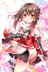 Rule 34 | 1girl, :d, brown eyes, brown hair, cosplay, elbow gloves, flower, gloves, hair between eyes, hair ornament, kantai collection, long hair, nogi takayoshi, open mouth, remodel (kantai collection), scarf, sendai (kancolle), sendai (kancolle) (cosplay), smile, solo, taihou (kancolle), uniform