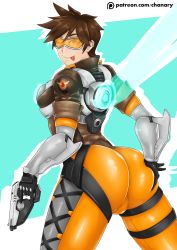 Rule 34 | 1girl, ;p, ass, ass grab, blush, bodysuit, breasts, brown hair, chanary, deep skin, from behind, gloves, goggles, green eyes, gun, jacket, looking at viewer, one eye closed, overwatch, overwatch 1, patreon, piercing, shiny clothes, short hair, skin tight, smile, solo, spiked hair, tongue, tongue out, tracer (overwatch), weapon, wink