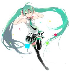 Rule 34 | 1girl, ahoge, armpits, bad id, bad pixiv id, df=6, female focus, full body, green eyes, green hair, hatsune miku, headset, highres, long hair, looking at viewer, matching hair/eyes, necktie, simple background, skirt, smile, solo, thighhighs, twintails, very long hair, vocaloid, white background