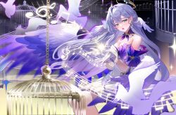 Rule 34 | 1girl, absurdres, aqua eyes, bare shoulders, birdcage, cage, commentary, detached sleeves, eamut1, feet out of frame, gloves, grey hair, highres, honkai: star rail, honkai (series), long hair, musical note, robin (honkai: star rail), short sleeves, sitting, solo, staff (music), very long hair, white gloves