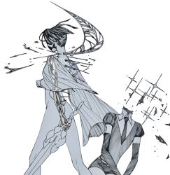 Rule 34 | 2others, androgynous, ass, asymmetrical sleeves, backless outfit, bodysuit, cracked skin, decapitation, elbow gloves, euclase (houseki no kuni), feet out of frame, floating hair, gem uniform (houseki no kuni), gloves, golden arms, headgear, headless, holding, holding sword, holding weapon, houseki no kuni, leuvenklasse, liquid, long sleeves, monochrome, moon uniform (houseki no kuni), multiple others, other focus, phosphophyllite, phosphophyllite (ll), puffy short sleeves, puffy sleeves, see-through, see-through sleeves, shards, short hair, short jumpsuit, short sleeves, simple background, sleeves past fingers, sleeves past wrists, sparkle, spikes, spoilers, standing, sword, undercut, weapon, wide sleeves