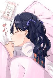 Rule 34 | 1girl, absurdres, bad id, bad pixiv id, black hair, blanket, cellphone, closed eyes, commentary request, fukumaru koito, hair ribbon, hanahashi bagara, highres, idolmaster, idolmaster shiny colors, long hair, lying, on bed, on side, phone, pillow, plaid, ribbon, sleeping, smartphone, solo, translation request, twintails