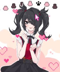 Rule 34 | 1girl, ame-chan (needy girl overdose), black eyes, black hair, black ribbon, black skirt, collared shirt, commentary request, cowboy shot, cursor, hair ornament, hair over one eye, hands up, heart, highres, hy (fjvlg), korean commentary, long hair, looking at viewer, neck ribbon, needy girl overdose, pixel heart, rabbit, red shirt, ribbon, shirt, skirt, smile, solo, standing, suspender skirt, suspenders, tongue, tongue out, twintails, x hair ornament
