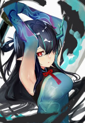 Rule 34 | 1girl, ao oni (onioni-aoi), arknights, armpits, arms up, black hair, blue dress, blue hair, blue skin, breasts, bright pupils, colored skin, dragon horns, dress, dusk (arknights), dusk (everything is a miracle) (arknights), gradient skin, hair over one eye, highres, holding, holding sword, holding weapon, horns, ink, looking at viewer, medium breasts, multicolored hair, official alternate costume, parted lips, red eyes, sleeveless, sleeveless dress, solo, streaked hair, sword, two-tone hair, weapon