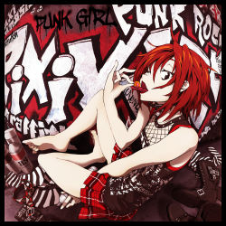 Rule 34 | 1girl, barefoot, belt, black border, boots, unworn boots, border, brown eyes, candy, collar, duplicate, eating, english text, fishnets, food, graffiti, highres, unworn legwear, licking, lollipop, microphone, one eye closed, open mouth, original, pixiv punk and rock, plaid, plaid skirt, punk, red eyes, red hair, revision, short hair, sitting, skirt, socks, solo, spray can, spray paint, striped, thighhighs, tongue, tongue out, tsukuba masahiro