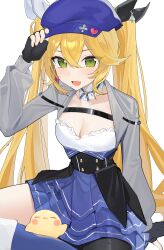 Rule 34 | 1girl, absurdres, blonde hair, blue choker, blue dress, blue footwear, blue headwear, blush, breasts, chest strap, choker, cleavage, collar, commentary, corset, dokibird (vtuber), dress, english commentary, fingerless gloves, frilled collar, frills, gloves, green eyes, grey jacket, hair between eyes, hair ribbon, highres, indie virtual youtuber, jacket, long hair, long sleeves, looking at viewer, medium breasts, open mouth, reiko lape, ribbon, simple background, sitting, smile, solo, twintails, very long hair, virtual youtuber, white background