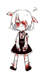 Rule 34 | :t, androgynous, black dress, black footwear, black ribbon, blood, blood in hair, blood on clothes, blood on face, dress, expressionless, gender request, hair over one eye, highres, jitome, kneehighs, long sleeves, looking at viewer, mary janes, pout, red eyes, ribbon, shoes, short hair, simple background, socks, spikes, standing, white hair, white legwear