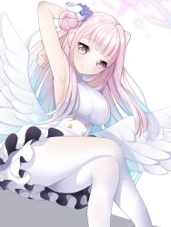 Rule 34 | 1girl, blue archive, highres, koflif, long hair, looking at viewer, mika (blue archive), pantyhose, pink hair, sitting, smile, solo, white pantyhose, wings, yellow eyes