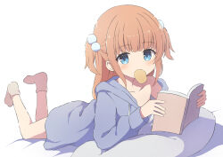 Rule 34 | 1girl, bare shoulders, blue eyes, blue hoodie, blunt bangs, blush, book, chips (food), collarbone, dot nose, drawstring, feet up, flat chest, food, full body, hair ornament, highres, holding, holding book, hood, hoodie, long hair, looking at viewer, lying, mouth hold, no pants, on bed, on stomach, open book, orange hair, original, pillow, pom pom (clothes), pom pom hair ornament, potato chips, raised eyebrows, sidelocks, simple background, solo, two side up, tyakomes, white background