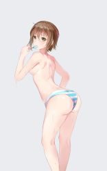Rule 34 | 10s, 1girl, ass, bad id, bad pixiv id, breasts, brown eyes, brown hair, cowboy shot, food, grand blue, grey background, kasugano (11955672), kotegawa chisa, looking at viewer, panties, popsicle, short hair, simple background, small breasts, solo, standing, striped clothes, striped panties, sweat, topless, underwear