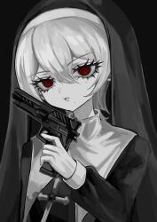Rule 34 | 1girl, black background, closed mouth, coif, cross, eyelashes, greyscale, gun, habit, hair between eyes, hand up, handgun, highres, holding, holding gun, holding weapon, latin cross, long sleeves, looking at viewer, mole, mole under eye, mole under mouth, monochrome, nun, original, red eyes, shiona (siona0625), simple background, solo, spot color, traditional nun, upper body, veil, weapon