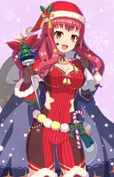Rule 34 | 1girl, blue cape, bodysuit, brown gloves, candy, candy cane, cape, christmas, facial mark, fire emblem, fire emblem engage, fire emblem heroes, food, gloves, hair ornament, hat, highres, holding, holding sack, holly hair ornament, ice pick, multicolored cape, multicolored clothes, nintendo, official alternate costume, open mouth, red bodysuit, red cape, red eyes, red hair, sack, santa hat, shira yu ki, star (symbol), star facial mark, star hair ornament, star print, two-tone cape, yunaka (fire emblem), yunaka (fire emblem) (spirited envoy)