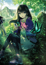 Rule 34 | 1girl, belt, black hair, black pantyhose, breasts, bug, butterfly, cane, cellphone, cross-laced footwear, dappled sunlight, day, floating hair, forest, green theme, grey eyes, grey shorts, highres, hiking pole, holding, holding phone, insect, iphone, jacket, jpeg artifacts, knees together feet apart, layered clothes, light particles, light rays, long hair, long sleeves, moss, mountain, multiple belts, nature, on ground, open mouth, original, outdoors, pantyhose, pantyhose under shorts, path, phone, plant, pocket, purple footwear, purple jacket, road, rock, sanbasou, scrunchie, shirt, shoelaces, shoes, shorts, sitting, sky, smartphone, sneakers, socks, socks over pantyhose, sunbeam, sunlight, tree, tripod, turtleneck, white shirt, zipper