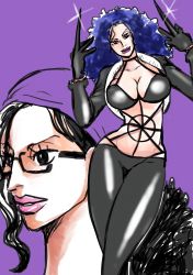Rule 34 | 1girl, absurdres, bandana, black eyes, black hair, black pants, blue hair, breasts, cleavage cutout, clothing cutout, curly hair, dominatrix, female focus, fingernails, glasses, highres, jacket, large breasts, lipstick, looking at viewer, looking to the side, makeup, miss doublefinger, multiple persona, one piece, pants, sharp fingernails, solo