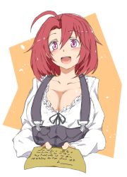 Rule 34 | 10s, 1girl, :d, ahoge, blush, breasts, cleavage, collarbone, cow girl (goblin slayer!), frills, goblin slayer!, harikiri seppuku samurai, large breasts, long sleeves, looking at viewer, open mouth, overalls, paper, short hair, simple background, smile, solo, suspenders, upper body, white background