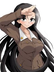 Rule 34 | 1girl, asymmetrical bangs, black eyes, black hair, brown jacket, chi-hatan military uniform, closed mouth, commentary request, girls und panzer, jacket, kirisaki reina, long hair, long sleeves, looking at viewer, military, military uniform, nishi kinuyo, partial commentary, salute, smile, solo, star (symbol), straight hair, transparent background, uniform, upper body