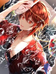 Rule 34 | 1boy, :d, arm up, bubble, collarbone, fish, fox mask, goldfish, hair between eyes, highres, holding, holding mask, idolish7, japanese clothes, kimono, looking at viewer, male focus, mask, nanase riku, open mouth, pectorals, red eyes, red hair, red kimono, reku (pixiv3677982), short hair, sidelocks, smile, solo, summer festival, upper body, water, water stream, yukata