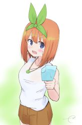 Rule 34 | 1girl, :d, bare arms, bare shoulders, blush, brown hair, brown skirt, collarbone, commentary request, eyebrows hidden by hair, food, four-leaf clover necklace, go-toubun no hanayome, green ribbon, hair between eyes, hair ribbon, highres, holding, holding food, kujou karasuma, looking at viewer, nakano yotsuba, open mouth, pleated skirt, popsicle, purple eyes, ribbon, signature, skirt, smile, solo, sweat, tank top, white tank top