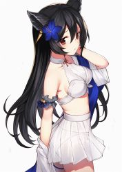 Rule 34 | 1girl, animal ears, arm garter, ass, bare shoulders, black hair, blue flower, breasts, closed mouth, collarbone, cowboy shot, crop top, ear piercing, erune, flower, from side, gin00, granblue fantasy, hair between eyes, hair flower, hair ornament, hand up, highres, long hair, looking at viewer, looking to the side, medium breasts, midriff, miniskirt, nier (granblue fantasy), off shoulder, panties, piercing, pleated skirt, red eyes, see-through, side-tie panties, simple background, skirt, sleeveless, solo, standing, stomach, thighs, underwear, white background, white panties, white skirt
