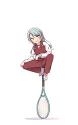 Rule 34 | &gt;:), 1girl, aqua hair, ayasaka, balancing, bang dream!, clenched hands, commentary request, highres, hikawa sayo, jacket, long hair, long sleeves, pants, racket, raglan sleeves, red pants, red track suit, shoes, simple background, solo, tennis racket, track jacket, track pants, v-shaped eyebrows, white background, white footwear