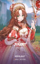 Rule 34 | 1girl, blush, breasts, brown hair, choker, cleavage, commentary, dagger, dress, earrings, english commentary, green eyes, grimlight, highres, holding, holding dagger, holding knife, holding weapon, jewelry, juliet (grimlight), juliet sleeves, knife, long dress, long hair, long sleeves, medium breasts, official art, parted bangs, pink lips, puffy sleeves, red choker, red dress, solo, staff, weapon