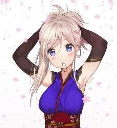Rule 34 | 1girl, armpits, arms up, blue eyes, blush, breasts, commentary, elbow gloves, fate/grand order, fate (series), gloves, hair tie, long hair, looking at viewer, medium breasts, miyamoto musashi (fate), miyamoto musashi (first ascension) (fate), mochii, mouth hold, signature, silver hair, solo, tying hair, upper body