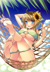 Rule 34 | 1girl, :d, absurdres, ahoge, bandeau, bare shoulders, barefoot, bikini, bikini pull, blue sky, blush, breasts, brown hair, censored, cleavage, clothes pull, convenient censoring, day, feet, flower, green bikini, green eyes, hair flower, hair ornament, hammock, highres, inugahora an, large breasts, o-ring, o-ring bikini, o-ring top, open mouth, original, petals, reclining, scan, shiny skin, sky, smile, soles, solo, sunflower, sunlight, swimsuit, toes