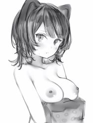 Rule 34 | 1girl, animal ears, breast rest, breasts, carried breast rest, carrying, closed mouth, completely nude, greyscale, highres, inui toko, large breasts, looking at viewer, medium hair, monochrome, nanashi (nlo), nijisanji, nipples, nude, simple background, solo, upper body, virtual youtuber, white background