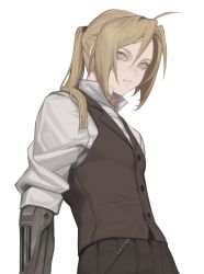 Rule 34 | 1boy, :d, ahoge, arm at side, automail, black vest, blonde hair, cbow, chain, collared shirt, edward elric, from below, fullmetal alchemist, hair between eyes, hair over shoulder, highres, long hair, looking at viewer, male focus, mechanical arms, open mouth, parted bangs, ponytail, shirt, single mechanical arm, sleeves pushed up, smile, solo, vest, white background, white shirt, yellow eyes