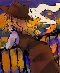Rule 34 | 1girl, abstract background, ass, bad id, blonde hair, blue background, brown hat, brown skirt, brown vest, cigarette, fence, hat, highres, holding, holding cigarette, jacket girl (dipp), kujikimi, long hair, long skirt, long sleeves, multicolored background, outdoors, shirt, sketch, skirt, smoke, smoking, touhou, vest, wavy hair, white shirt, yellow background