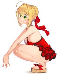 Rule 34 | 10s, 1girl, ahoge, bare legs, blonde hair, braid, braided bun, breasts, cleavage, crown braid, dress, fate/extra, fate (series), fingers together, french braid, from side, full body, green eyes, hair bun, hair intakes, hair ribbon, highres, kei (soundcross), large breasts, looking at viewer, nero claudius (fate), nero claudius (fate) (all), nero claudius (fate/extra), nero claudius (swimsuit caster) (fate), official alternate costume, own hands together, platform footwear, red dress, ribbon, sandals, short dress, short hair, sideboob, simple background, single hair bun, smile, solo, squatting, white background