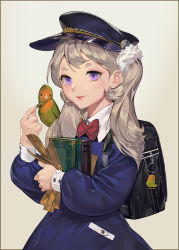 Rule 34 | 1girl, animal, animal on shoulder, backpack, bag, bag charm, bird, bird on shoulder, black border, black hat, blue dress, blush, book, border, bow, bowtie, charm (object), closed mouth, damiaodi, dress, grey background, grey hair, hat, highres, holding, holding book, long hair, long sleeves, looking at viewer, one side up, original, parrot, peaked cap, puffy long sleeves, puffy sleeves, purple eyes, red bow, red bowtie, red lips, seed, short eyebrows, simple background, smile, solo, upper body