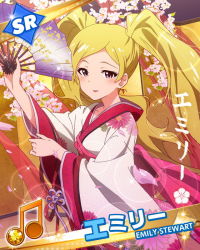 Rule 34 | 10s, 1girl, artist request, beamed quavers, blonde hair, card (medium), character name, character signature, emily stewart, emily stuart, hand fan, idolmaster, idolmaster million live!, japanese clothes, kimono, musical note, official art, purple eyes, signature, twintails