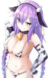 Rule 34 | 1girl, absurdres, animal ears, animal print, bell, bikini, bimmy, blue eyes, bottle, braid, breasts, chinese zodiac, choker, collarbone, cow ears, cow girl, cow horns, cow print, cowbell, elbow gloves, fake animal ears, gloves, groin, hair between eyes, hair ornament, hairband, highres, holding, horns, long hair, looking at viewer, medium breasts, milk, milk bottle, navel, neptune (series), power symbol, power symbol-shaped pupils, purple hair, purple heart (neptunia), side-tie bikini bottom, sidelocks, simple background, smile, solo, swimsuit, symbol-shaped pupils, tag, twin braids, very long hair, white background, year of the ox
