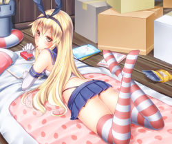 Rule 34 | 10s, 1girl, black panties, blonde hair, box, brown eyes, eating, elbow gloves, food, gloves, hairband, kantai collection, lifebuoy, lying, magazine (object), microskirt, noppi (noppi 98), on box, on stomach, panties, pantyshot, pocky, rensouhou-chan, shimakaze (kancolle), skirt, solo, striped clothes, striped thighhighs, swim ring, thighhighs, underwear, upskirt