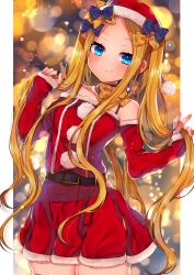Rule 34 | 1girl, abigail williams (fate), akirannu, bare shoulders, belt, black bow, blonde hair, blue eyes, blush, bow, breasts, closed mouth, dress, fate/grand order, fate (series), forehead, fur-trimmed dress, fur trim, hat, highres, holding, holding own hair, long hair, long sleeves, looking at viewer, multiple bows, orange bow, parted bangs, polka dot, polka dot bow, red dress, red hat, santa costume, santa hat, sidelocks, small breasts, smile, solo, thighhighs, twintails, very long hair