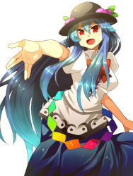 Rule 34 | 1girl, bad id, bad pixiv id, blue hair, female focus, food, fruit, hat, hinanawi tenshi, irohara mitabi, jpeg artifacts, long hair, open mouth, outstretched arm, outstretched hand, peach, red eyes, salute, simple background, smile, solo, touhou, vulcan salute