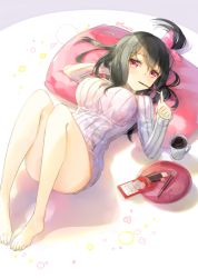 Rule 34 | 1girl, bare legs, barefoot, bow, breasts, closed mouth, cup, food, food in mouth, fuumi (radial engine), grey sweater, hair bow, index finger raised, large breasts, long hair, looking at viewer, lying, mouth hold, mug, on back, one side up, original, pillow, pink bow, pink eyes, pocky, pocky day, ribbed sweater, sleeves past wrists, solo, sweater, tareme, thighs, tray, turtleneck, turtleneck sweater, twitter username