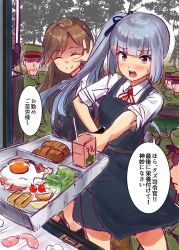 Rule 34 | 2girls, 4boys, apron, arashio (kancolle), black apron, bread, brown eyes, brown hair, closed eyes, commentary request, dress, egg (food), food, grey hair, ichikawa feesu, juice box, kantai collection, kasumi (kancolle), long hair, multiple boys, multiple girls, pinafore dress, remodel (kantai collection), side ponytail, sleeveless, sleeveless dress, sleeves rolled up, sunny side up egg, translation request, tray, unfinished