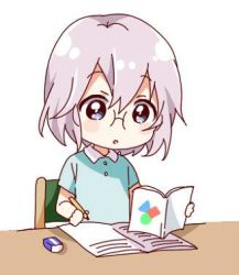 Rule 34 | 1girl, :o, blue eyes, blue shirt, blush stickers, book, chair, chibi, collar, collared shirt, eraser, glasses, holding, holding book, holding pencil, ikeda chitose, indoors, light purple hair, looking down, lowres, namori, notebook, pencil, polo shirt, shirt, short hair, short sleeves, simple background, solo, studying, table, tareme, wavy hair, white background, yuru yuri