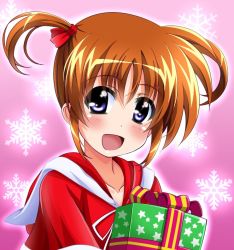 Rule 34 | 1girl, :d, bandeau, blush, capelet, christmas, commentary request, gift, hair ribbon, holding, holding gift, looking at viewer, lyrical nanoha, mahou shoujo lyrical nanoha, open mouth, portrait, red bandeau, red capelet, red ribbon, red sailor collar, ribbon, sailor collar, short hair, short twintails, smile, snowflake background, solo, star (symbol), takamachi nanoha, twintails, yorousa (yoroiusagi)