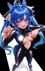 Rule 34 | 1girl, :d, ahoge, animal ears, biker clothes, bikesuit, black background, black ribbon, blue eyes, blue hair, bodysuit, breasts, commentary request, gradient hair, hair ribbon, heterochromia, highres, horse ears, horse girl, latex, latex bodysuit, long hair, looking at viewer, medium breasts, multicolored hair, navel, open mouth, pink eyes, ribbon, sharp teeth, skin tight, smile, solo, standing, striped ribbon, teeth, twin turbo (umamusume), twintails, two-tone background, umamusume, upper teeth only, volyz, white background, white ribbon, zipper