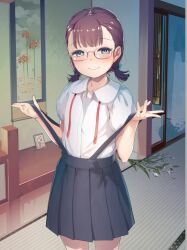 Rule 34 | 1girl, black hair, black skirt, blue eyes, blush, collared shirt, cowboy shot, female focus, glasses, highres, indoors, looking at viewer, low twintails, original, pleated skirt, shirt, shirt tucked in, short sleeves, short twintails, skirt, smile, sody, solo, standing, suspender skirt, suspenders, suspenders pull, tatami, twintails, white shirt