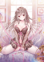 Rule 34 | 1girl, :o, babydoll, bare shoulders, between legs, braid, breasts, brown hair, cleavage, collarbone, commentary request, day, hair between eyes, hair ribbon, hand between legs, highres, indoors, long sleeves, looking at viewer, maeda shiori, medium breasts, navel, off shoulder, parted lips, pink ribbon, red eyes, ribbon, see-through, signature, sitting, sleeves past wrists, solo, sousouman, sunlight, thighhighs, tiered tray, twinbox school, wariza, white thighhighs, window