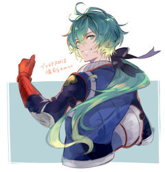 Rule 34 | 1boy, blue jacket, carrying, carrying under arm, cropped torso, gloves, granblue fantasy, green eyes, green hair, grin, helmet, jacket, long hair, long sleeves, looking at viewer, looking back, low ponytail, male focus, meteon (granblue fantasy), osamu (jagabata), red gloves, smile, thumbs up, translation request