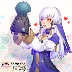 Rule 34 | 1girl, bare shoulders, blue hair, blush, byleth (fire emblem), byleth (male) (fire emblem), character doll, doll, dress, fire emblem, fire emblem: three houses, heart, long hair, lysithea von ordelia, nintendo, open mouth, pink eyes, purple eyes, simple background, smile, solo, toy, upper body, w2398510474, white hair