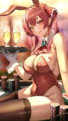 Rule 34 | 1girl, :q, animal ears, armpit crease, arrow through heart, ascot, bare shoulders, black thighhighs, blurry, blurry foreground, breast tattoo, breasts, champagne flute, commentary request, cup, depth of field, detached collar, drinking glass, fake animal ears, fake tail, gloves, hair ribbon, heterochromia, highleg, highleg leotard, highres, holding, holding tray, hololive, houshou marine, kobayashi (jna x rgh), large breasts, leotard, light blush, long hair, looking at viewer, looking back, playboy bunny, poker chip, rabbit ears, rabbit tail, red ascot, red eyes, red hair, red leotard, red ribbon, ribbon, sitting, solo, strapless, strapless leotard, tail, tattoo, thighhighs, tongue, tongue out, tray, twintails, virtual youtuber, white gloves, yellow eyes